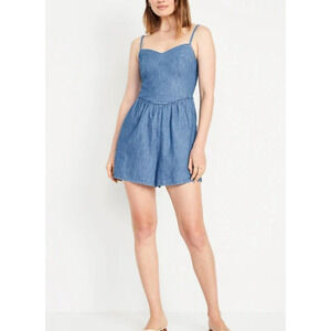 Old Navy Fit & Flare Cami Romper Womens Small Blue Chambray Smocked Pockets NWT